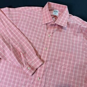 Brooks Brothers 346 Slim Fit Checkered Dress Shirt Coral Men Size 16 1/2